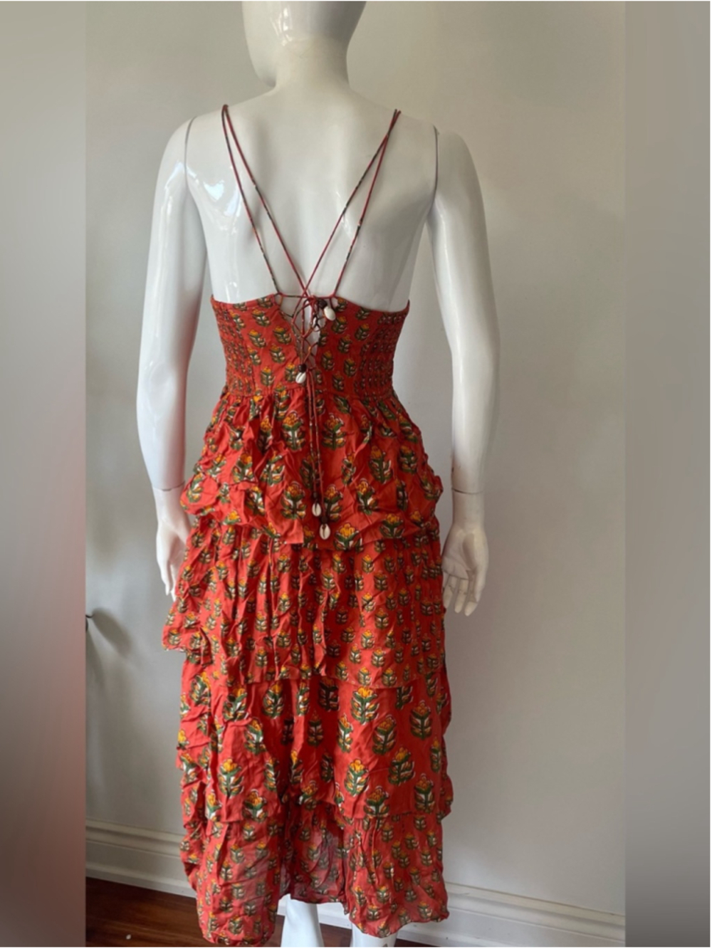 Maxime Zeaberg Toronto Red Floral Tiered Midi Dress Adjustable Back Small Large - Picture 4 of 5